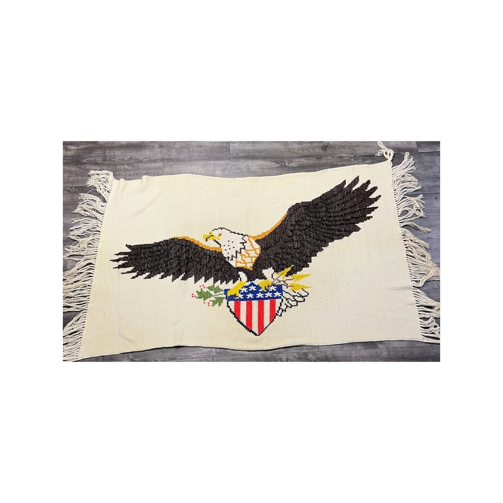Vintage Handmade Crochet American Eagle Patriotic Shield Afghan Throw Blanket